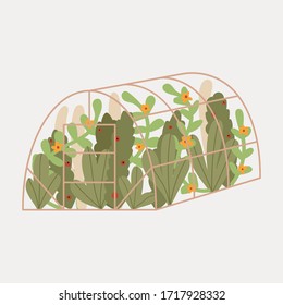 Cute hand drawn greenhouse. Garden. Leaves plants, flowers. Vector illustration.