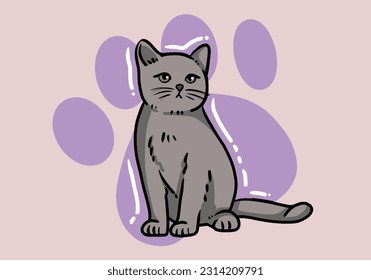Cute hand drawn grey cat, fluffy fur, and exaggerated features. Cute adorable big eyes kitty kitten cat