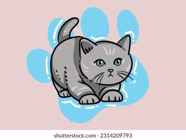Cute hand drawn grey cat, fluffy fur, and exaggerated features. Cute adorable big eyes kitty kitten cat