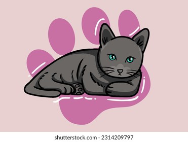 Cute hand drawn grey cat, fluffy fur, and exaggerated features. Cute adorable big eyes kitty kitten cat