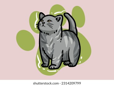 Cute hand drawn grey cat, fluffy fur, and exaggerated features. Cute adorable big eyes kitty kitten cat