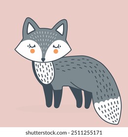 Cute hand drawn grey fox  in pastel colors