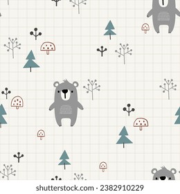 cute hand drawn grey teddy bear with green pine trees and mushrooms in the forest on a beige pastel background, kids seamless pattern for textile or wrapping paper