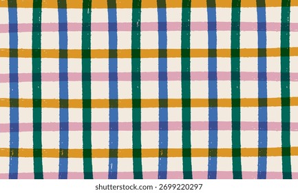 Cute hand drawn grid in doodle style. Fun abstract background. Artistic plaid pattern with colorful checks.