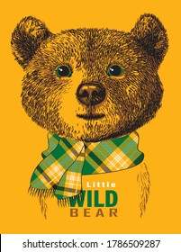 Cute hand  drawn grizzly brown bear cub face with scarf. Vector illustration print for kids t shirt.