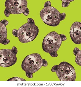 Cute hand drawn grizzly brown bear cub face. Seamless vector illustration.