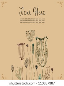 Cute hand drawn grunge banner with wild flowers and place for your text. Can be print on cards, arts, invitations, cups, bags, notebooks. Autumn country background
