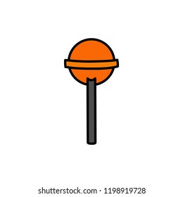 Cute hand drawn halloween candy lollipop vector illustration. Orange sweet lollipop on black stick, isolated.