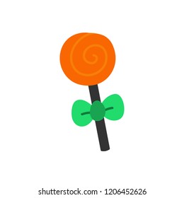 Cute hand drawn halloween candy lollipop vector illustration. Twisted orange sweet lollipop on stick with green ribbon bow, isolated.
