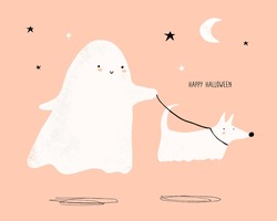 Cute Hand Drawn Halloween Card. Little Happy Ghost Walking Ghost Dog.White Kawaii Style Ghost On A Coral Pink Background. Happy Halloween.Infantile Style Halloween Illustration Ideal For Card, Poster.