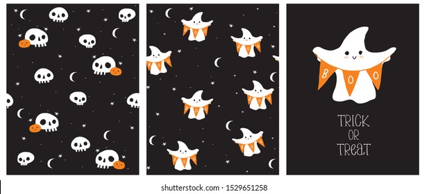 Cute Hand Drawn Halloween Card and Patterns. Little White Ghost on a Black Background. Halloween Illustrations for Card, Party Decoration. Trick or Treat. Sweet Little Pumpkins and White Funny Skulls.