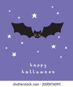 Cute Hand Drawn Halloween Card with Funny Bat Isolated on a Violet Background. Happy Halloween. Nursery Vector Art with Sweet Little Bat Flying Among White Stars ideal for Car, Poster, Invitation.