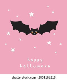 Cute Hand Drawn Halloween Card with Funny Bat Isolated on a Pink Background. Happy Halloween. Nursery Vector Art with Sweet Little Bat Flying Among White Stars ideal for Car, Poster, Invitation.