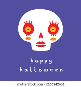 Cute Hand Drawn Halloween Card with White Lady Skull on a Dark Blue Background. White Handwritten Happy Halloween. Skull with Red Lipstick and Red-Yellow Eyes. Cool Infantile Style Spooky Party Print 