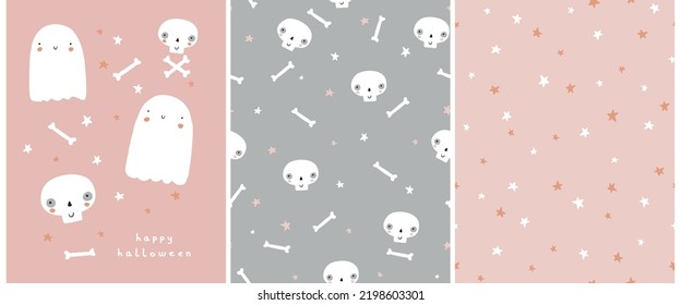 Cute Hand Drawn Halloween Card and Patterns. Little White Ghost on a Pink and Gray Background. Happy Halloween.Sweet Little Ghost, Bones, White Funny Skulls and Stars. Starry Seamless Vector Pattern. 