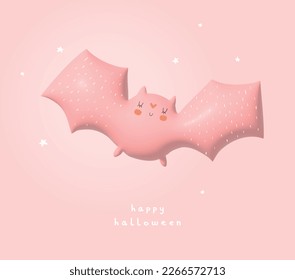 Cute Hand Drawn Halloween Card with Pink Inflated Bat Toy, White Stars and Handwritten "Happy Halloween" on a Pastel Pink Background. Sweet Flying Bat Print ideal for Wall Art, Poster, Decoration. 