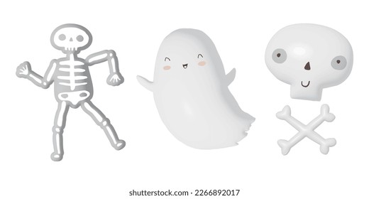 Cute Hand Drawn Halloween Card with Little Ghost, Happy Skull and Dancing Skeleton on a White Background. Kawaii Style Halloween Toys Print ideal for Wall Art, Poster, Card, Party Decoration.