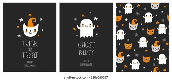 Ziehe handgezeichnete Halloween-Karten und Muster. Kleiner weißer Geist auf schwarzem Hintergrund. White Hand schrieb Geisterparty, Happy Hallween und Trick oder Treat. Funny Cat in einem Hut. Gespenster und Katzen Muster.