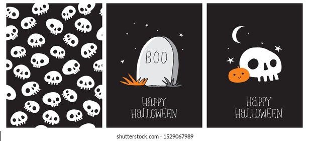 Cute Hand Drawn Halloween Cards and Pattern. Little White Skull, Moon, Stars and Sweet Little Pumpkin on a Black Background. Happy Halloween. White Funny Skulls Print. Gravestone with Boo Inscription.