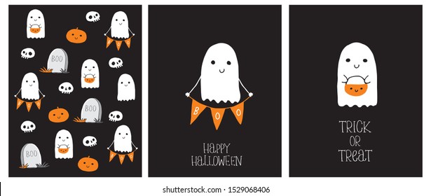 Cute Hand Drawn Halloween Cards   Pattern  Little White Ghost Black Background  Happy Halloween  Trick Treat  Sweet Little Pumpkins   White Funny Skulls  Gravestone and Boo inscription 