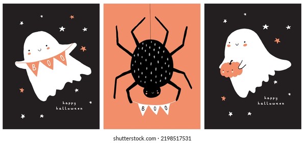 Cute Hand Drawn Halloween Cards. Little White Ghosts and Big Spider on a Balck and Orange Background. Happy Halloween. Sweet Little Ghosts, Funny Pumpkin and Black Spider.Kawaii Style Halloween Print.