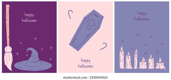 Cute Hand Drawn Halloween Cards. Candles, Coffin, Stars and Witch Hat and Broom on a Pastel Pink Background. Happy Halloween. Kawaii Style