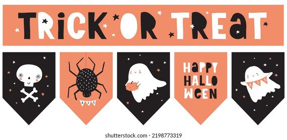 Cute Hand Drawn Halloween Decoration Set. Garland and Banner with Ghosts, Spider and Skull on an Orange and Black Background. Handwritten Trick or Treat and Happy Halloween. Funny Tarantula.