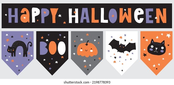 Cute Hand Drawn Halloween Decoration Set. Garland and Banner with Cats,Bat,Pumpkin and Stars on a Black,Violet and Gray Background.Handwritten Happy Halloween.Black Kitty, Funny Pumpkin and Cool Bat. 