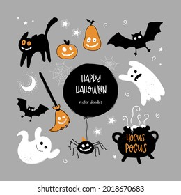 Cute hand drawn Halloween design, spooky characters and decoration, vector elements.