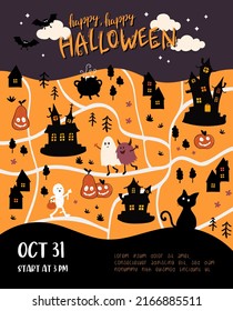 Cute hand drawn halloween design with creepy houses, dressed up kids and decoration, great for textiles, banners, wallpapers, wrapping - vector design
