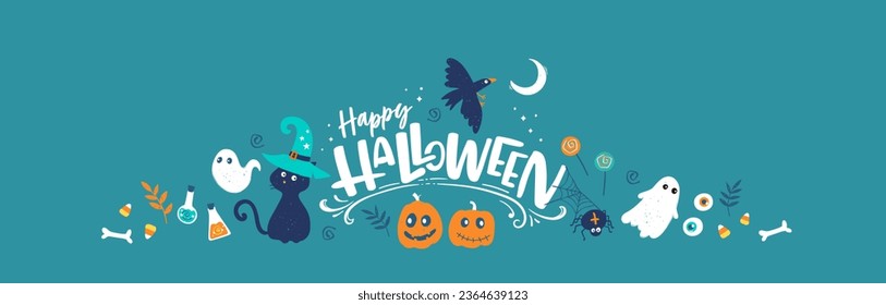 Cute hand drawn Halloween design, colorful doodles and hand writing, great for Halloween banners, cards, invitations
