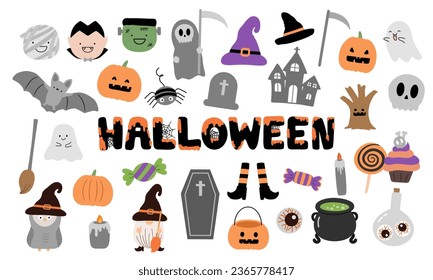 Cute hand drawn Halloween elements. Adorable Dracula, mummy, Grim Reaper, Frankenstein, vampire bat, Witch's hat, ghost, spooky castle, skull, funny pumpkins in Halloween collection.