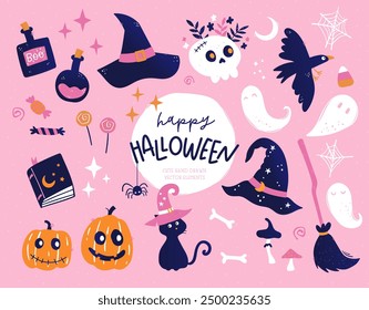 Lindos Elementos de Halloween dibujados a mano, garabatos divertidos, ideal para Anuncios de Halloween, Fondos de pantalla, textiles, envoltura - diseño de Vector 