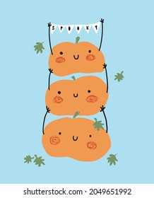 Cute Hand Drawn Halloween Illustration with 3 Funny Orange Pumpkins on a Blue Background.  Simple Infantile Style Print with Sweet Pumpkins Holding Party Garland with Black Handwritten Spooky. 