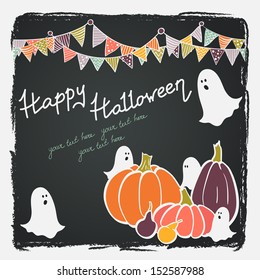 Cute hand drawn halloween invitation or greeting card template with cartoon bunting flags, ghosts and colorful pumpkins on chalkboard background. 