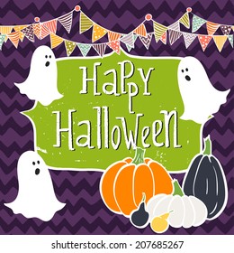 Cute hand drawn halloween invitation or greeting card template with cartoon bunting flags, ghosts, colorful pumpkins and frame with hand written lettering on chalkboard background.