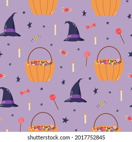 Cute hand drawn halloween pattern. Vector halloween illustrations of cute pumpkins and witches hats. Hand drawn illustration isolated on white.