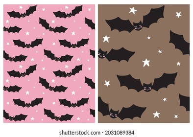 Cute Hand Drawn Halloween Pattern with Funny Bats Isolated on a Pink and Brown Background. Nursery Vector Art with Sweet Little Bat Flying Among White Stars ideal for Wrapping Paper.Halloween Pattern.