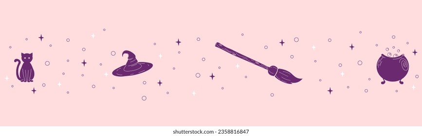Cute hand drawn Halloween pattern, colorful background with witch hat, broom, cat, cauldron