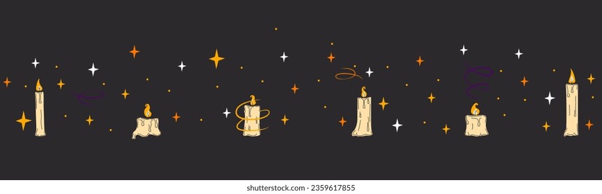 Cute hand drawn Halloween pattern, colorful background with magic candles, black banner for websites, wallpapers, textiles, wrapping - vector design