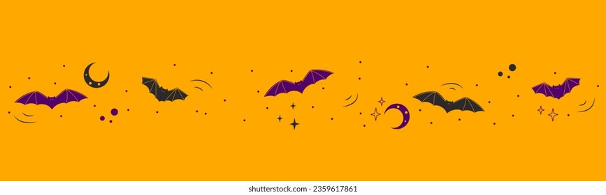 Cute hand drawn Halloween pattern, colorful doodle background with bats flying, orange banner for websites, wallpapers, textiles, wrapping - vector design