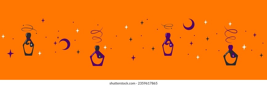 Cute hand drawn Halloween pattern, colorful doodle background with potions and moon, orange banner for websites, wallpapers, textiles, wrapping - vector design