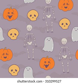 Cute hand drawn halloween pattern. Pumpkin, skeleton, bat, ghost, skull. It can be used for design Halloween party invitations, scrapbook.