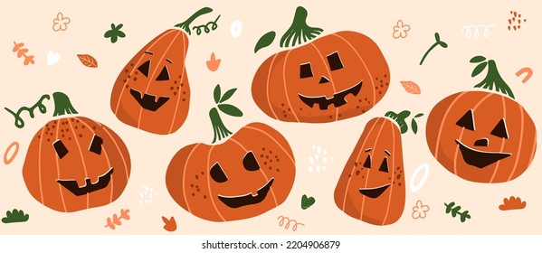 Calabazas de halloween dibujadas a mano. Halloween calabazas vectoriales iconos gran colección. Ilustración vectorial para icono, logotipo, impresión, icono, tarjeta, emblema, etiqueta