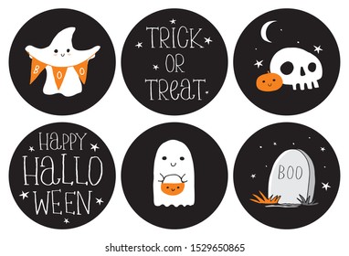 Cute Hand Drawn Halloween Round Shape Stickers. Little White Ghosts On A Black Background. Halloween Candybar Decoration. Cake Topper  Set. Trick Or Treat. Sweet Little Pumpkins And White Funny Skulls