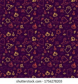 Cute hand drawn Halloween seamless pattern, colorful doodle background, great for Halloween banners, wallpapers, textiles, wrapping - vector design
