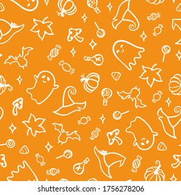 Cute hand drawn Halloween seamless pattern, colorful doodle background, great for Halloween banners, wallpapers, textiles, wrapping - vector design
