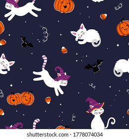 Cute hand drawn halloween seamless pattern with cats and candy, fun background, great for textiles, banners, wallpaper, wrapping - vector design
