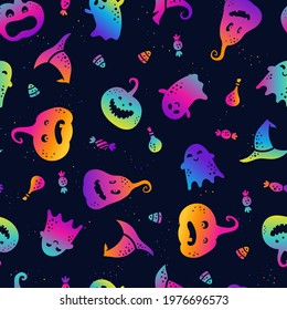 Cute hand drawn Halloween seamless pattern, funny pumpkin faces, great for textiles, banners, wallpapers, wrapping - vector design
