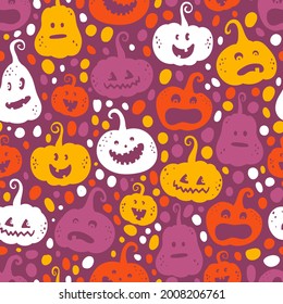 Cute hand drawn Halloween seamless pattern with pumpkins, great for textiles, surfaces, banners, wallpapers